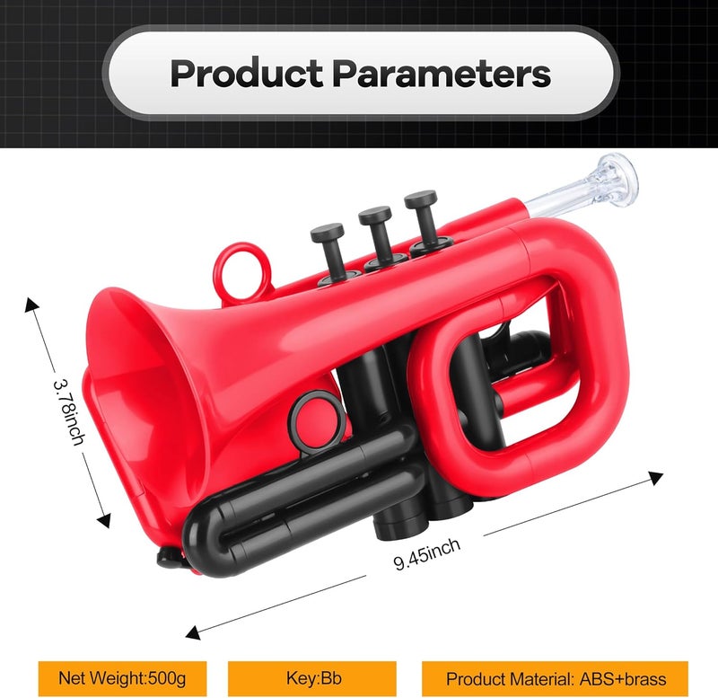 PAMPET DOLPHIN Pocket Trumpet Plastic Bb Trumpet Standard Trumpets for Student Beginner Bb Trumpets Instrument (Red) - Image 3